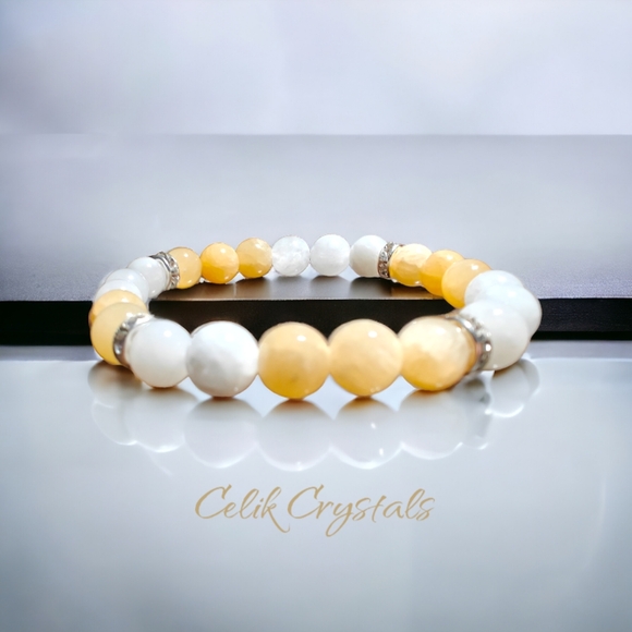 Moonstone Honey Calcite Bracelet Natural Stones 8mm Unisex Stretch Crystals - Picture 3 of 5